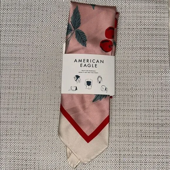 AE Ivory Pink Red Green Cherry Print Satin Square Bandana Scarf - Picture 4 of 8